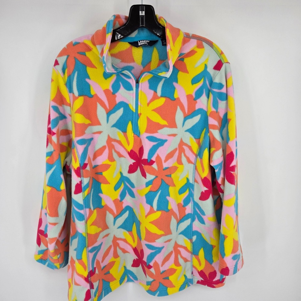 Lands End 1X Plus  Fleece Quarter Zip Pullover Tropical Floral Print Sweatshirt